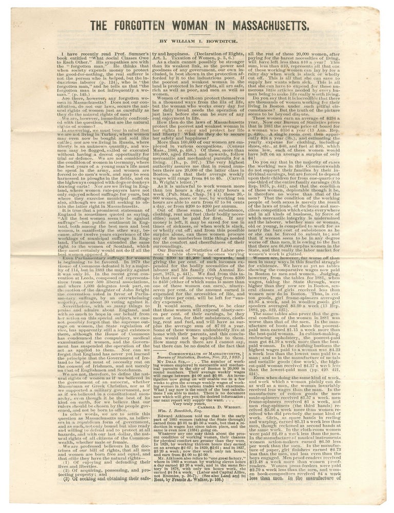Broadsheet]: The Forgotten Woman in Massachusetts. William I. BOWDITCH.