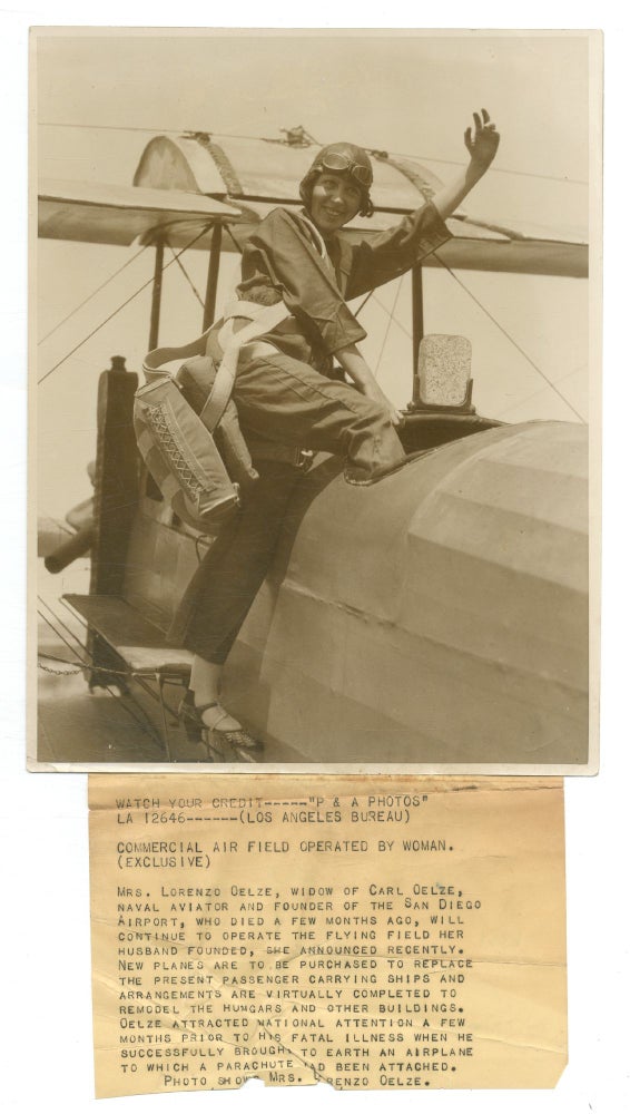 Item #516881 [Wire service photograph]: Femaile Aviator Mrs. Lorenzo Oelze: "Commercial Air Field Operated by Woman..." Mrs. Lorenzo OELZE.