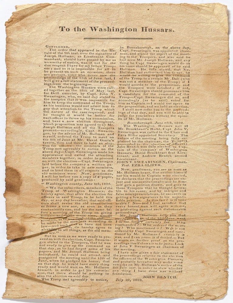 1822 Protest Broadside by Capt. John Rentch of the Maryland Militia: &ldquo;To the Washington Hussars&rdquo;. John RENTCH.