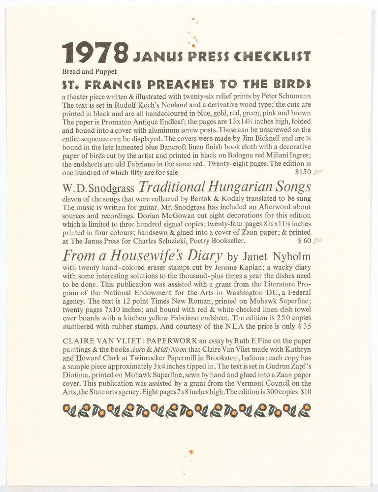 Item #517179 [Broadside]: 1978 Janus Press Checklist