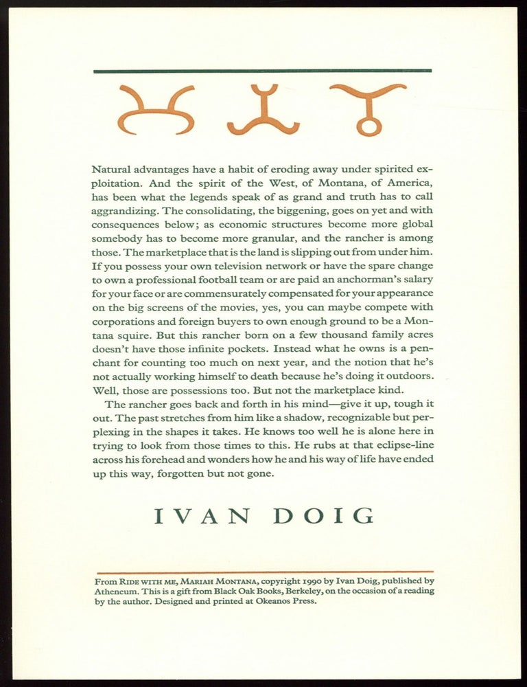 Item #517357 [Broadside]: [An Excerpt from] Ride With Me, Mariah Montana. Ivan DOIG.