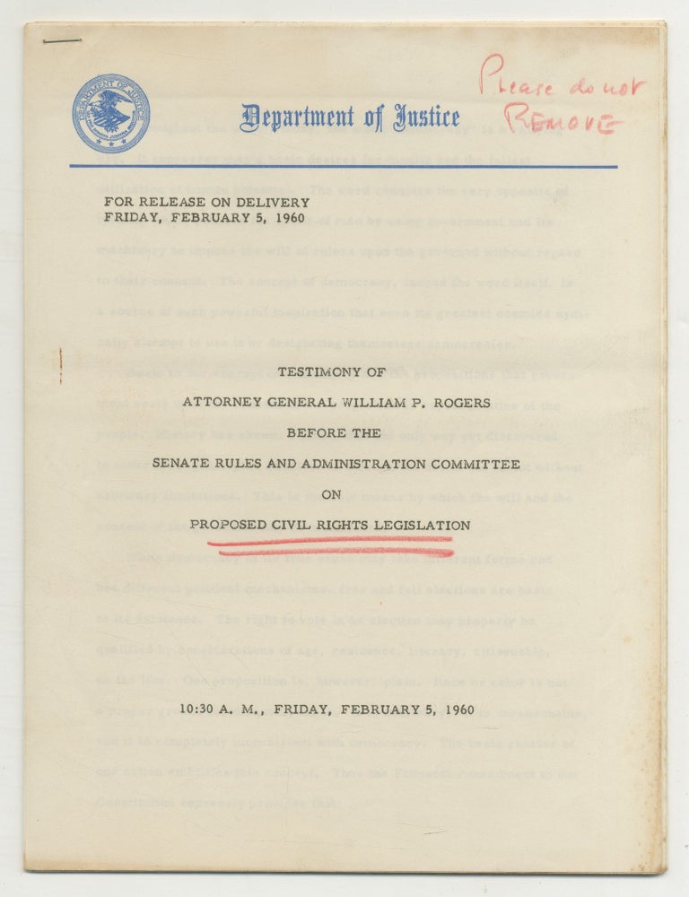 Cover Title]: Testimony of Attorney General William P. Rogers before the Senate Rules and. William P. ROGERS.