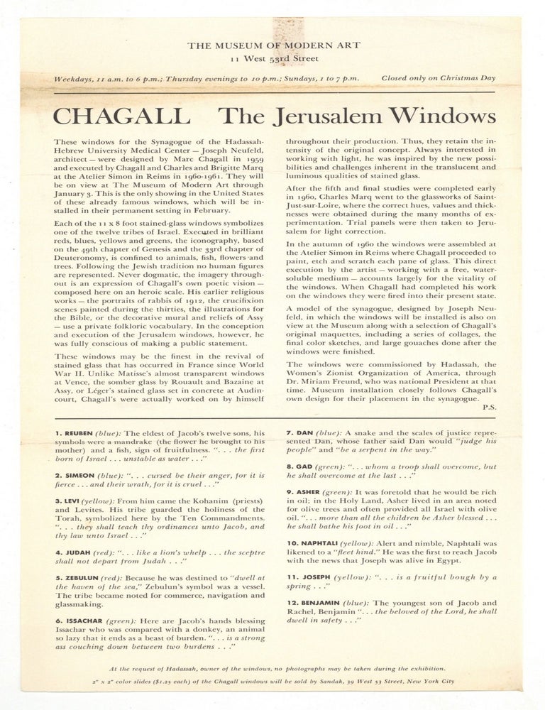 Item #517881 [Promotional Flyer]: Chagall: The Jerusalem Windows. Marc CHAGALL.