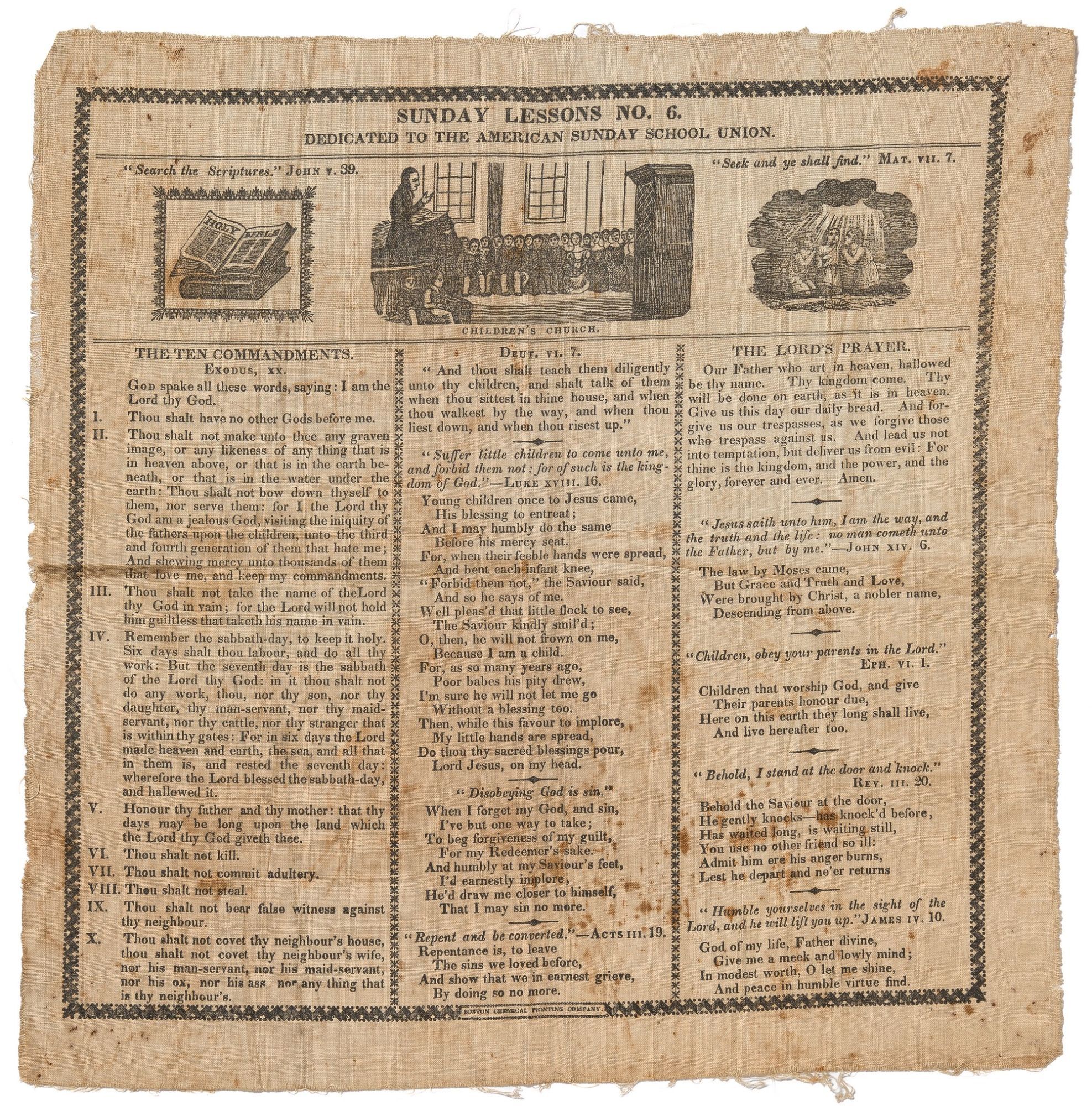 Pictorial Broadside Printed on Cotton : Sunday Lessons No. 6. Dedicated ...