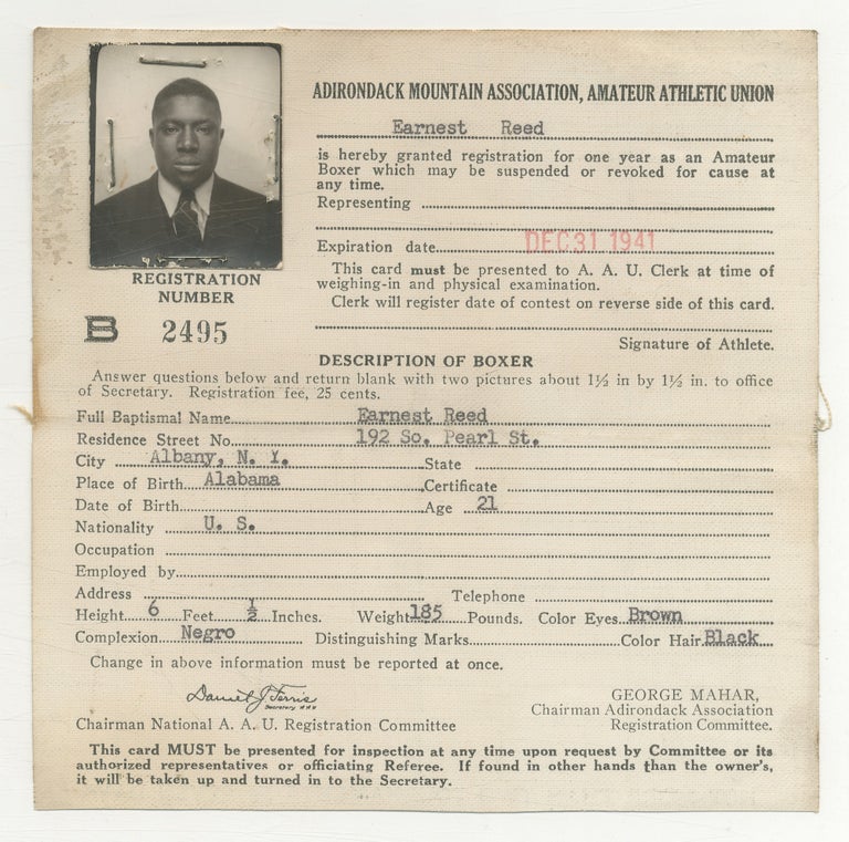 Registration Card with Photograph for African-American Amateur Boxer]: Adirondack Mountain. Earnest REED.