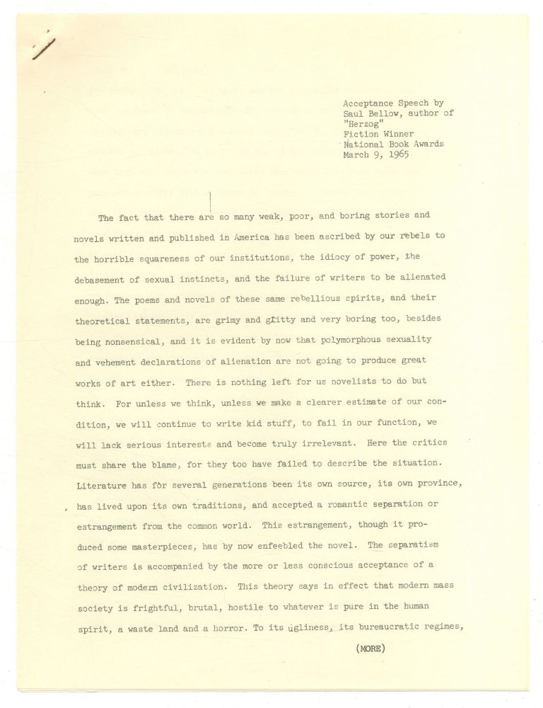 Item #519853 Acceptance Speech by Saul Bellow, author of "Herzog." Fiction Winner National Book Awards March 9, 1965. Saul BELLOW.
