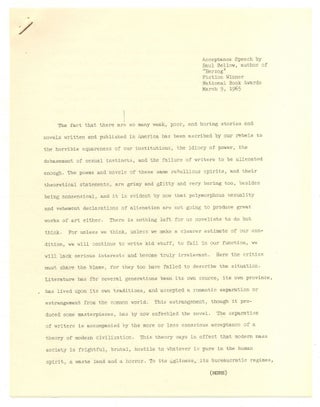 Item #519853 Acceptance Speech by Saul Bellow, author of "Herzog." Fiction Winner National Book...