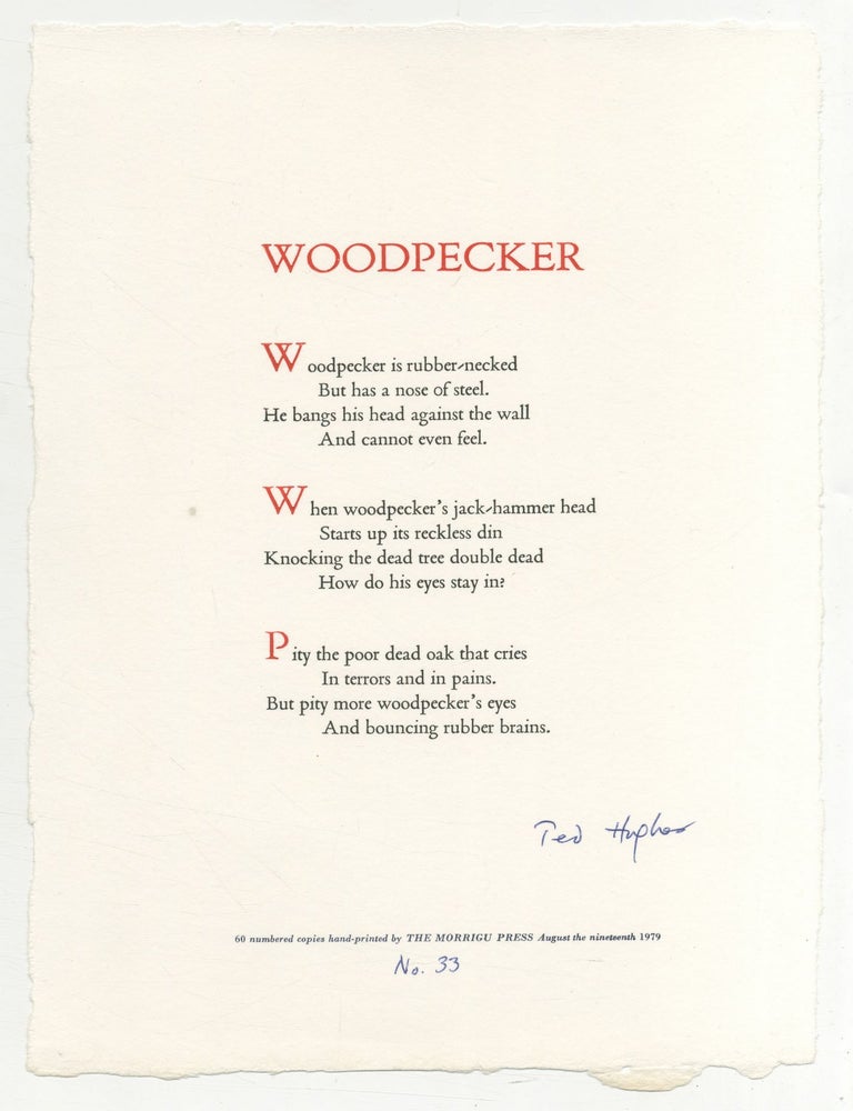 Broadside]: Woodpecker. Ted HUGHES.