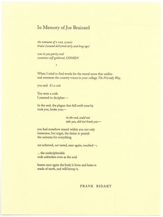 Item #521364 [Broadside]: In Memory of Joe Brainard. Frank BIDART
