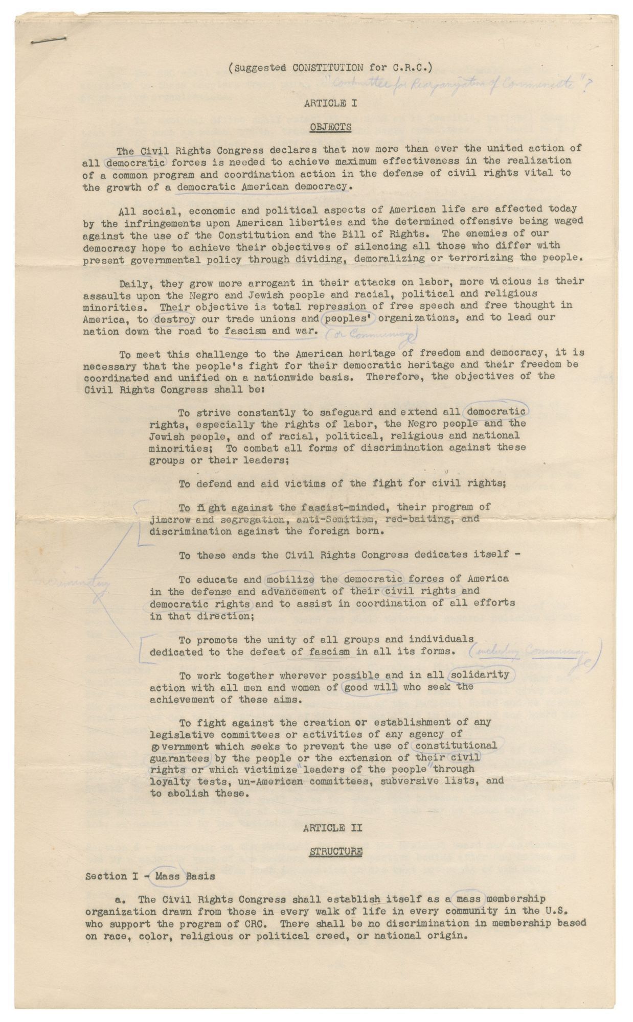 Suggested Constitution for the C.R.C. Article I: Objects. The Civil ...