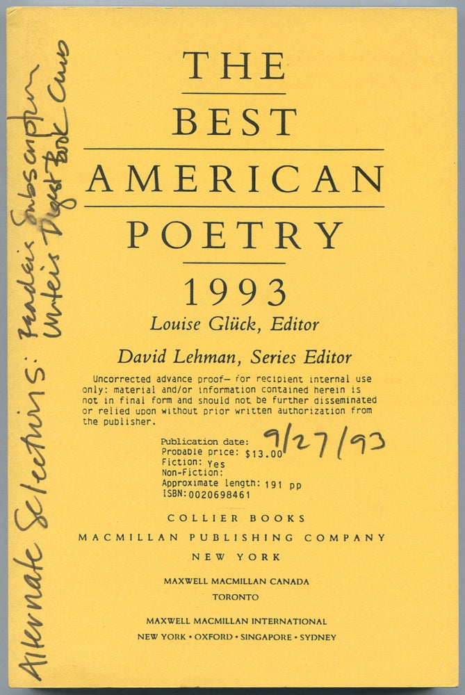 Item #522207 The Best American Poetry 1993. Louise GLÜCK, Charles BUKOWSKI, Mary Oliver, John Updike, James Tate, Thom Gunn.