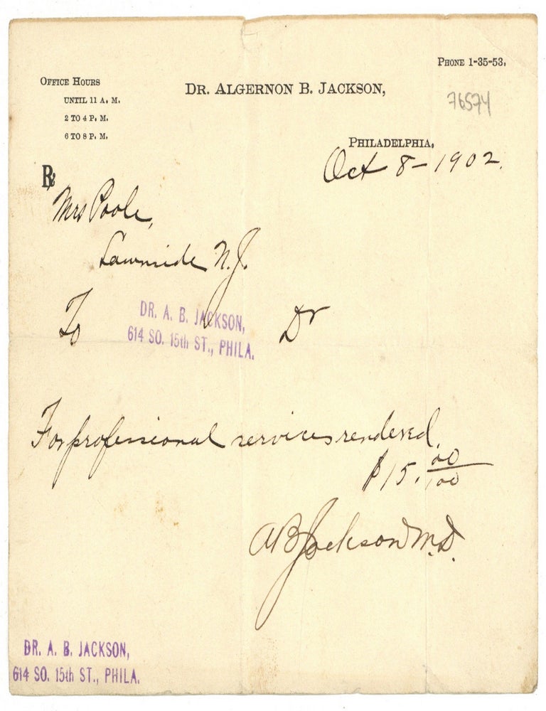 Item #523812 Receipt for Medical Services Signed by Pioneering Physician, Dr. Algernon B. Jackson. Dr. Algernon B. JACKSON.