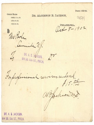 Item #523812 Receipt for Medical Services Signed by Pioneering Physician, Dr. Algernon B....