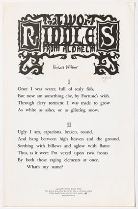 Item #523873 [Broadside]: Two Riddles from Aldhelm. Richard WILBUR