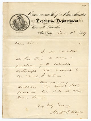 Autograph Letter Signed. Nathaniel BANKS.