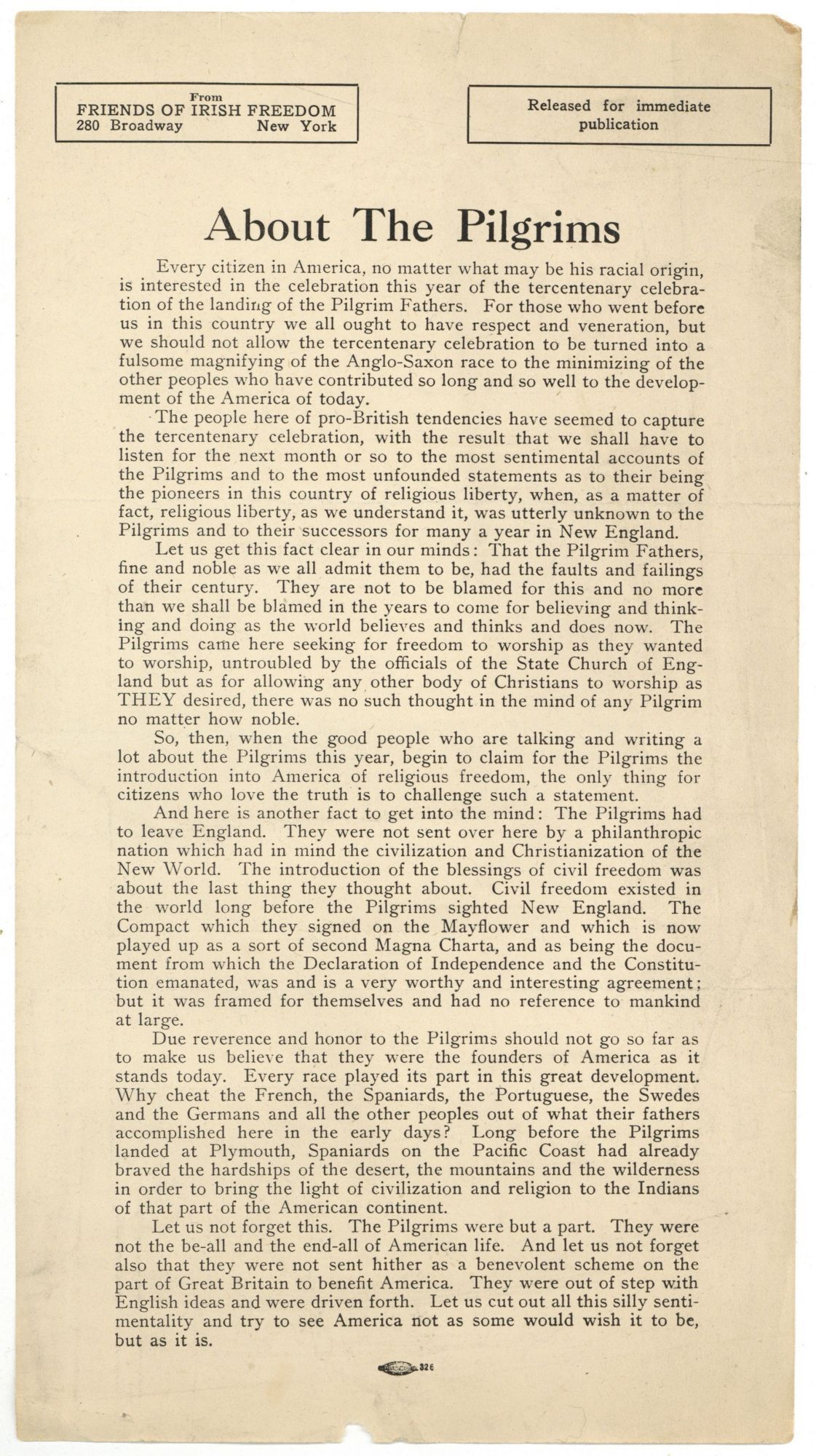 Broadside, caption title : About the Pilgrims