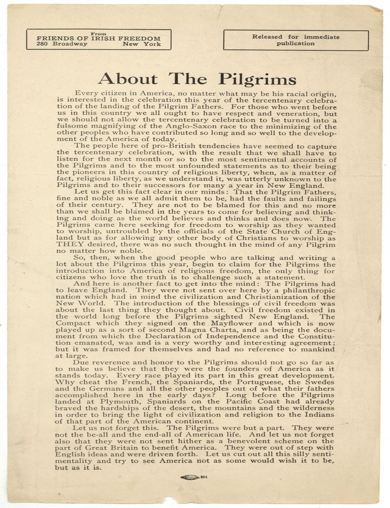 Broadside, caption title]: About the Pilgrims