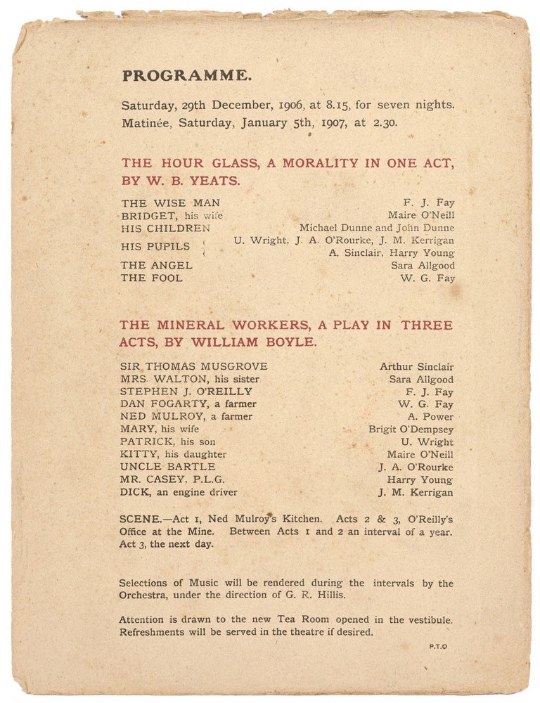 Abbey Theatre program for]: &ldquo;The Hour Glass, A Morality in One Act,&rdquo; by W.B. Yeats; and. W. B. YEATS, J. M, William Boyle.