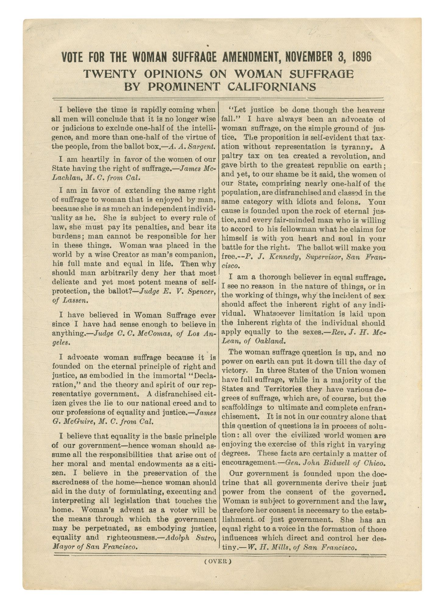 Broadside : Twenty Opinions on Woman Suffrage by Prominent Californians ...