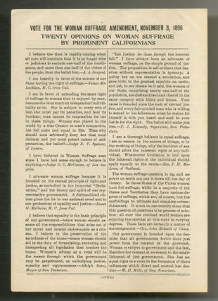 Item #526024 [Broadside]: Twenty Opinions on Woman Suffrage by Prominent Californians. Vote for...