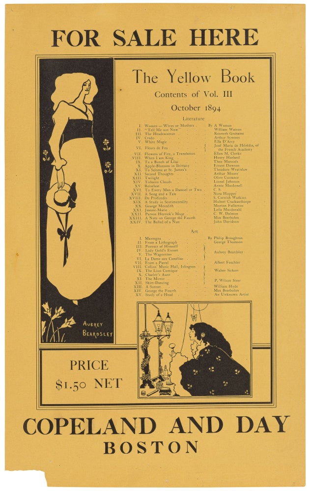 Item #528482 [Broadside]: For Sale Here. The Yellow Book. Contents of Vol. III October 1894. Aubrey BEARDSLEY.