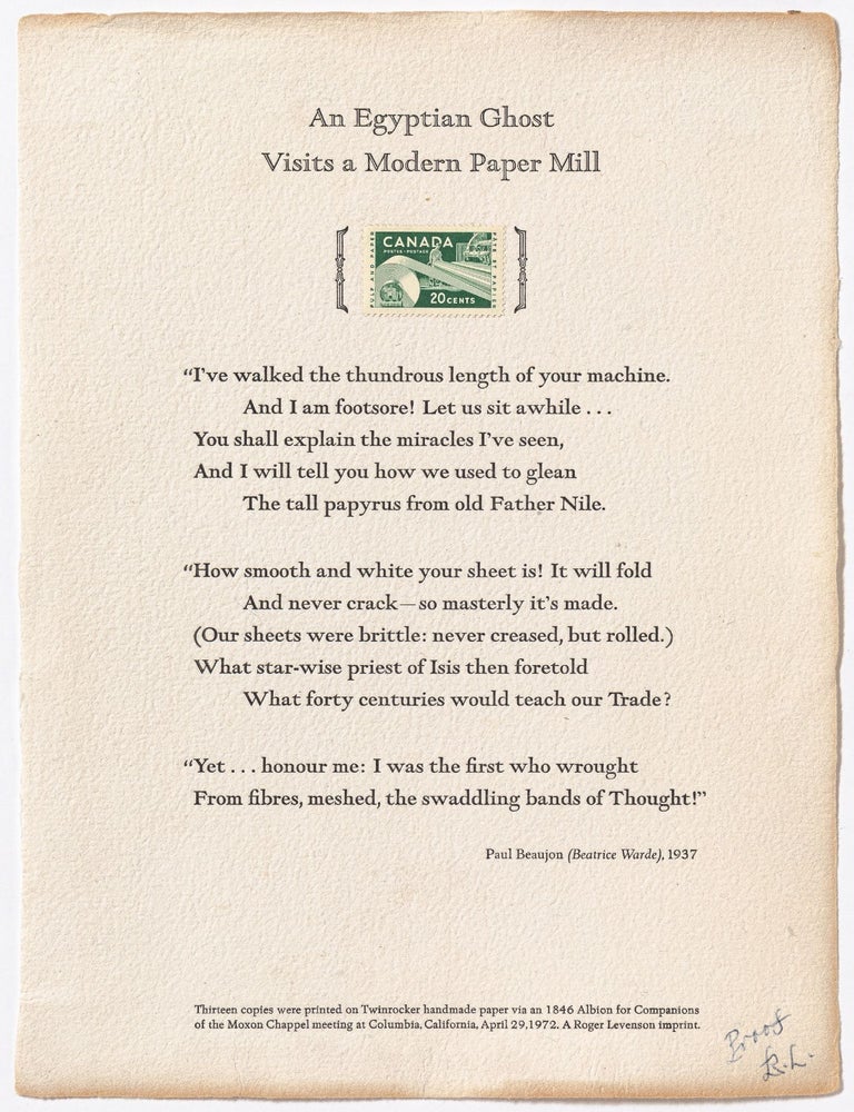 Item #530134 [Broadside]: An Egyptian Ghost Visits a Modern Paper Mill. Beatrice WARDE, Paul Beaujon.