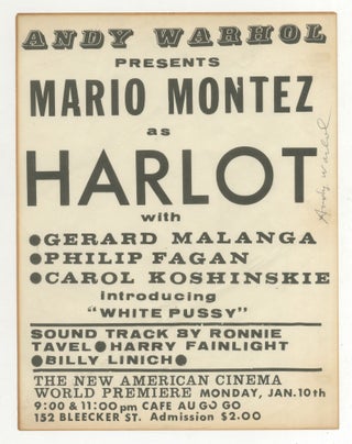 Item #531616 [Broadside]: Andy Warhol Presents Mario Montez as Harlot. Andy WARHOL