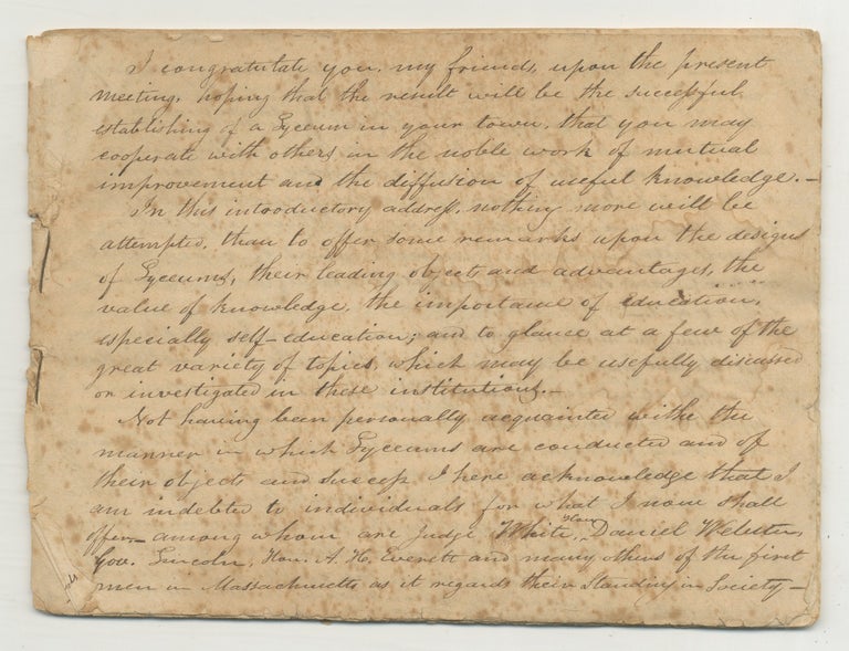 Item #533466 [Manuscript] A Public Address on the Opening of a Lyceum in Massachusetts, circa 1830