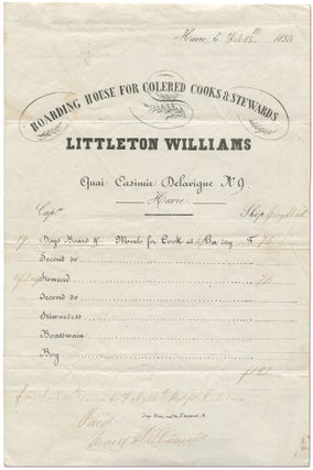 Item #534277 [Original Partially Printed Receipt]: Boarding House for Colered [sic] Cooks &...