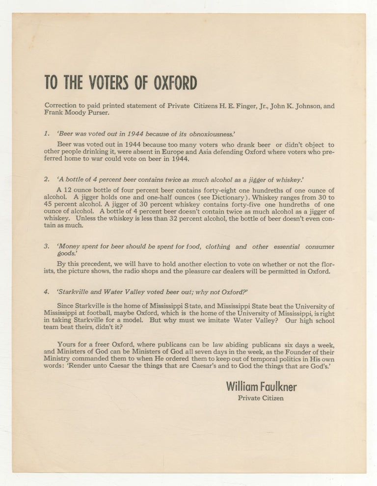 Item #534903 [Broadside]: To the Voters of Oxford [The Beer Broadside]. William FAULKNER.
