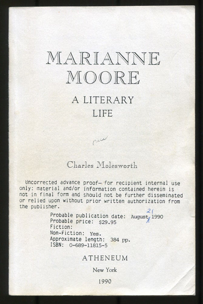 Item #536914 Marianne Moore: A Literary Life. Charles MOLESWORTH.