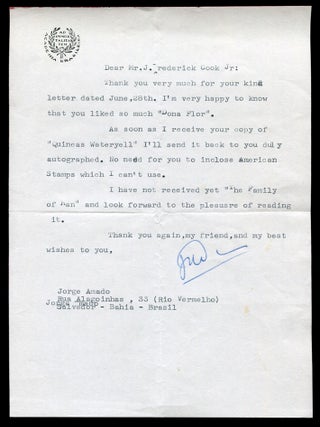 Typed Letter Signed. Jorge AMADO.