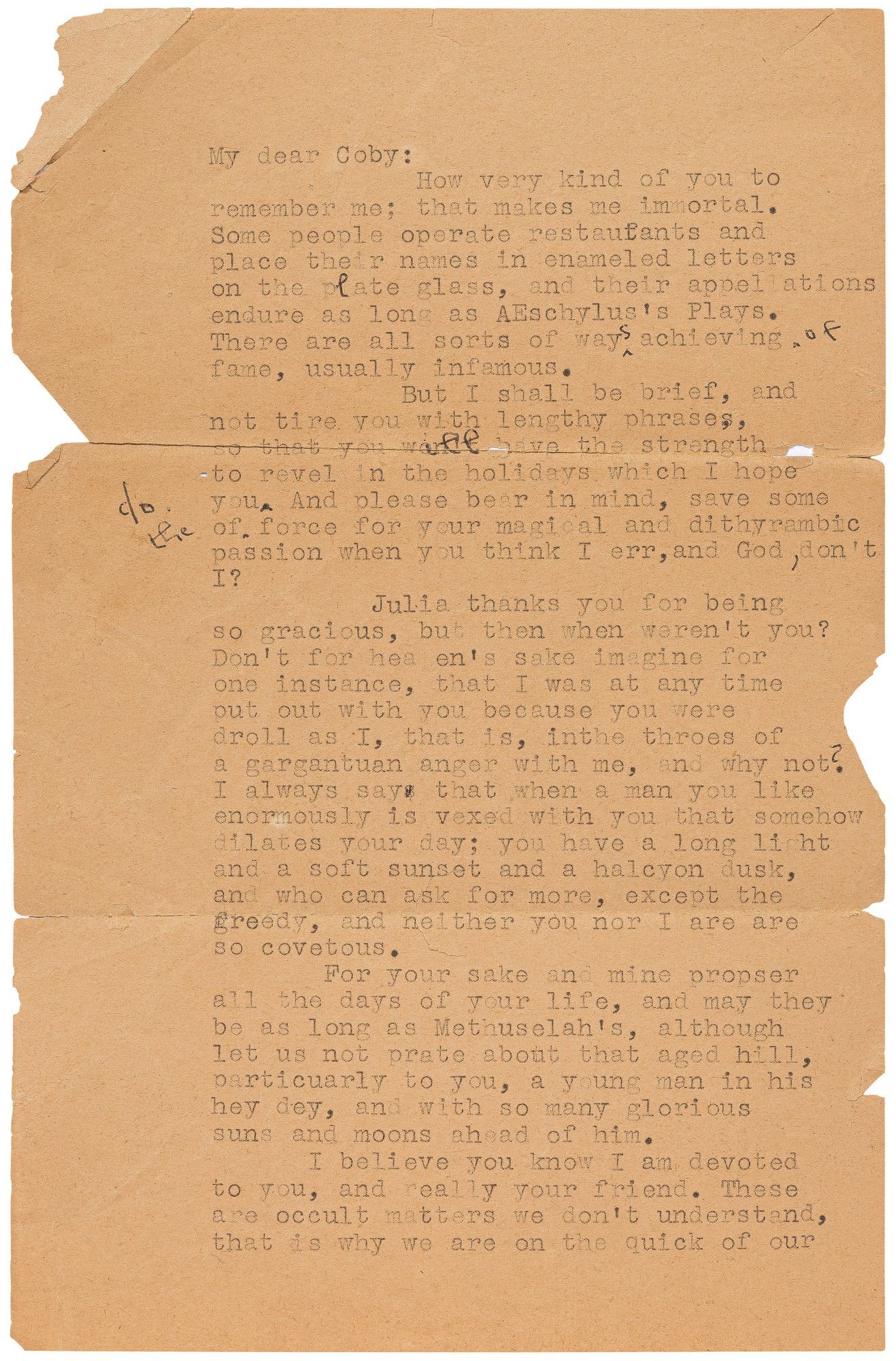 Typed Letter Signed by Edward Dahlberg to Coby Britton, circa 1970 ...