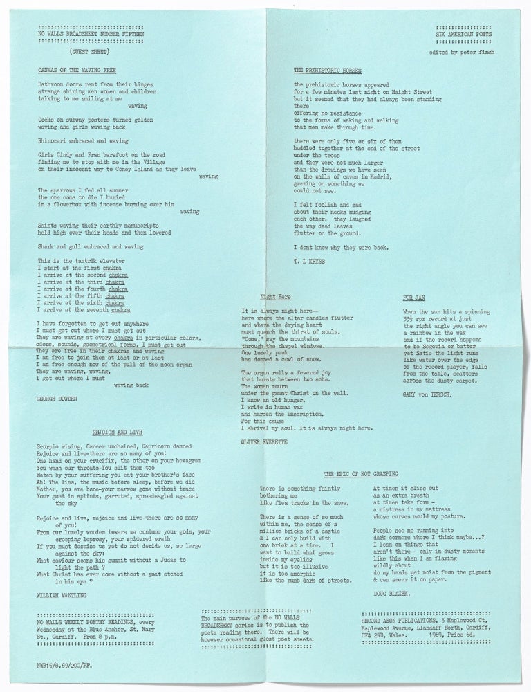 Broadsheet]: No Walls Broadsheet Number Fifteen: Six American Poets. Peter FINCH, Doug.
