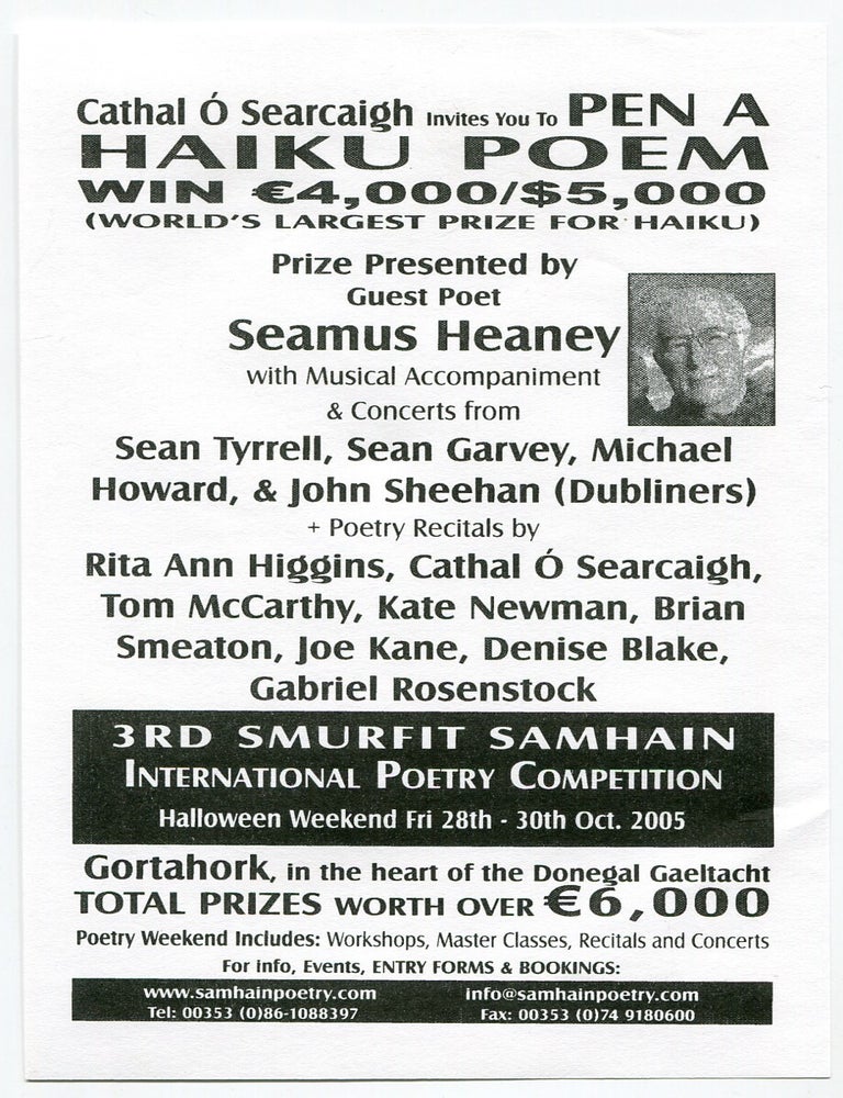 Item #540538 [Handbill]: Seamus Heaney Guest Prize Presenter at 3rd Smurfit Samhain International Poetry Competition