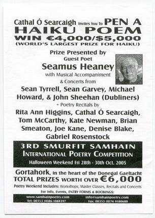 Item #540538 [Handbill]: Seamus Heaney Guest Prize Presenter at 3rd Smurfit Samhain International...
