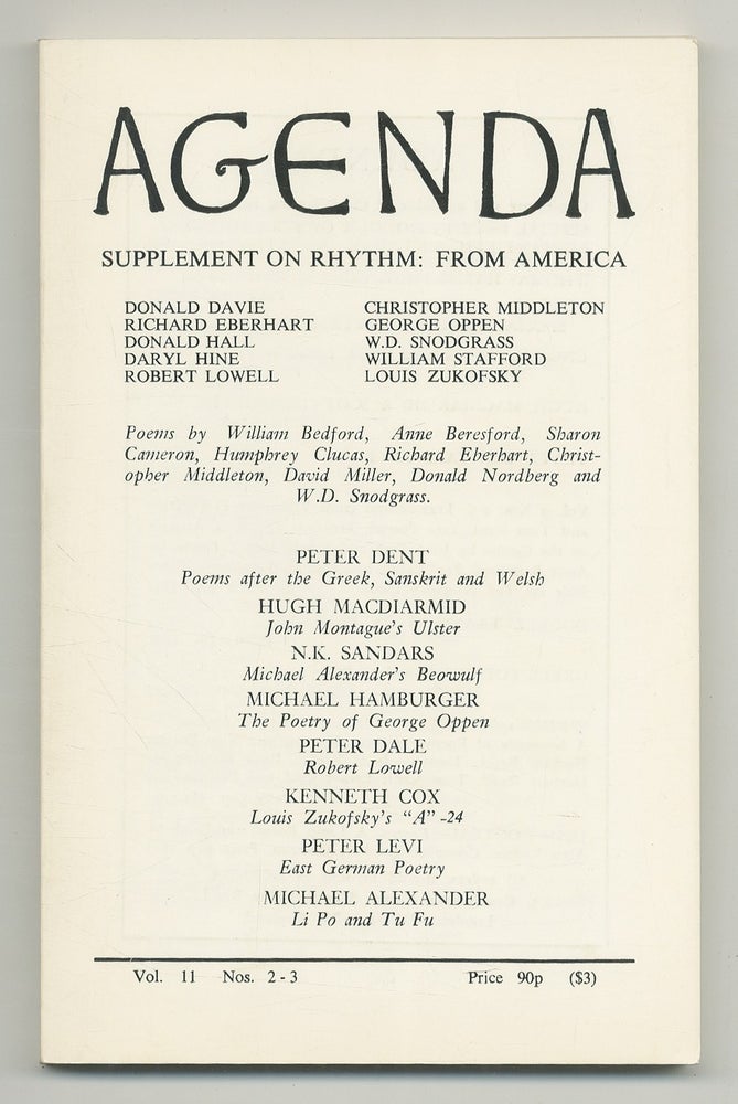 Item #541627 Agenda - Summer-Spring 1973, Vol. 11, No. 2-3. Donald DAVIE, Louis Zukofsky, William Stafford, W. D. Snodgrass, George Oppen, Robert Lowell, Donald Hall, Richard Eberhart.