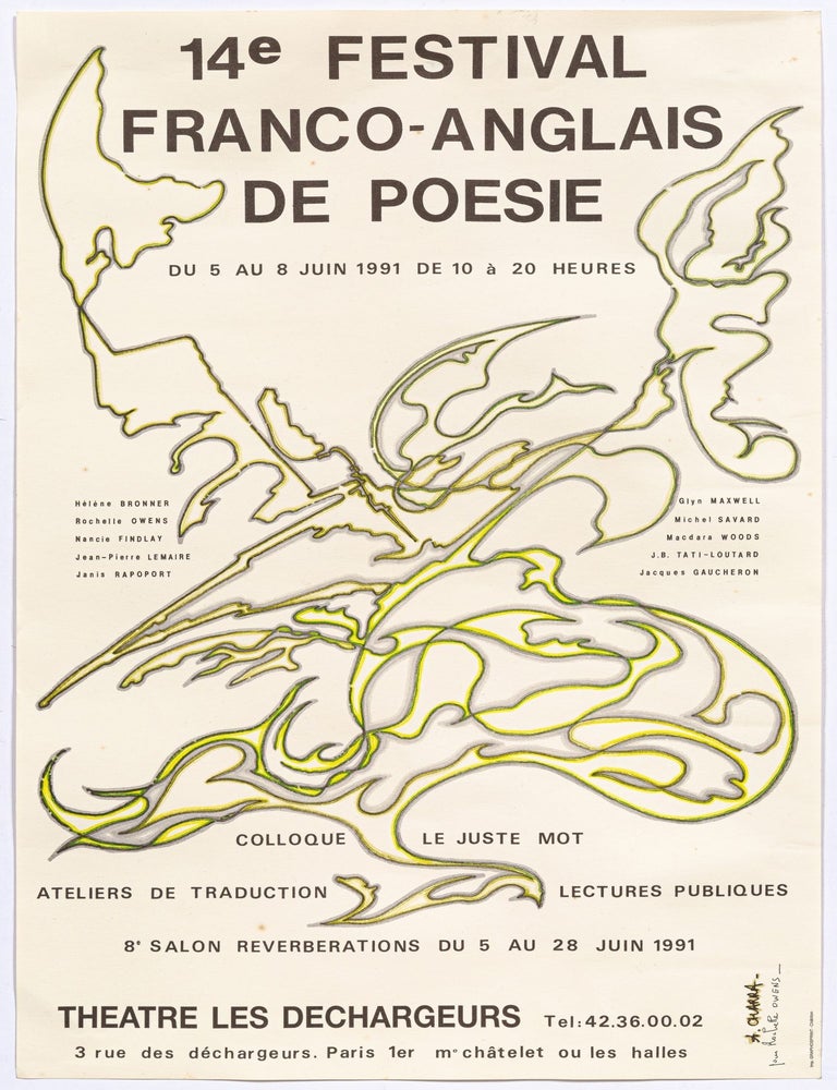 Item #546447 [Broadside]: 14e Festival Franco-Anglais De Poesie. H&eacute;l&egrave;ne Bronner Rochelle Owens, Jacques Gaucheron, J. B. Tati-Loutard, Macdara Woods, Michel Savar, Glyn Maxwell, Janis Rapoport, Jean Pierre Lemarie, Nancie Findlay, Alain Charra.