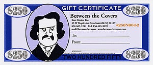 Item #54786 Rare Books Gift Certificate bearing a portrait of Edgar Allan Poe. Inc Between the Covers Rare Books, Tom Bloom.