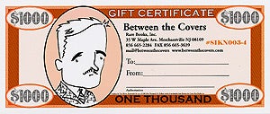 Item #54788 Rare Books Gift Certificate bearing a portrait of William Faulkner. Inc Between the Covers Rare Books, Tom Bloom.