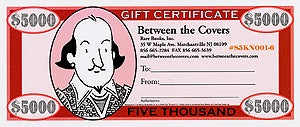 Item #54789 Rare Books Gift Certificate bearing a portrait of William Shakespeare. Inc Between the Covers Rare Books, Tom Bloom.