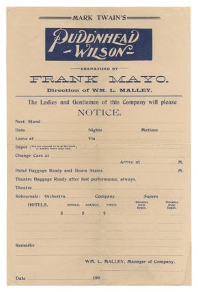 Item #548070 [Broadside Call Sheet]: Mark Twain's Pudd'nhead Wilson Dramatized by Frank Mayo....