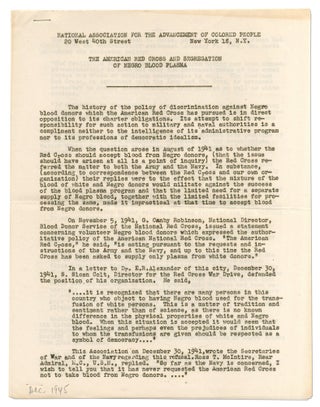 Item #548759 The American Red Cross and Segregation of Negro Blood Plasma. National Association...