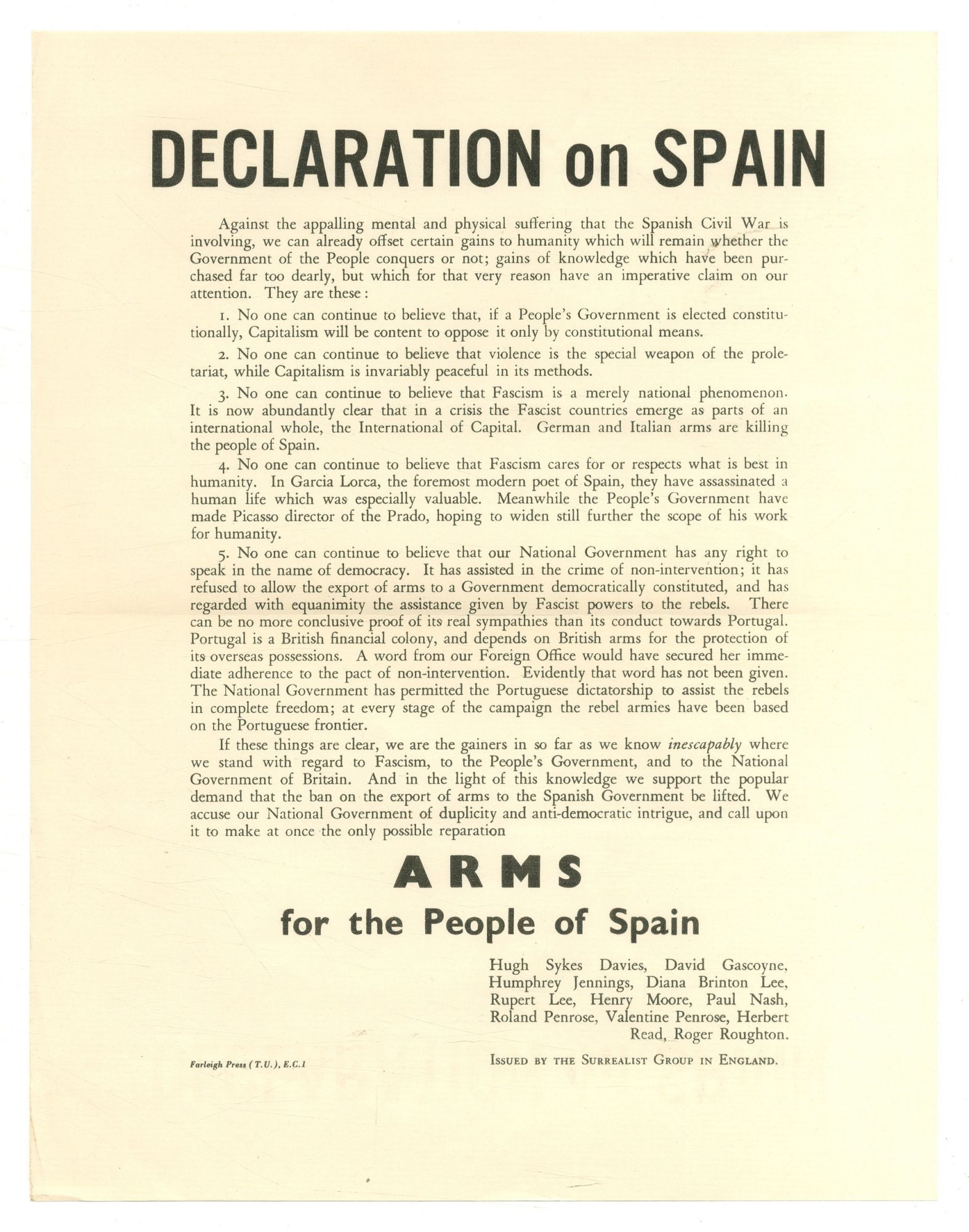 Broadside, Caption Title : Declaration on Spain | Hugh Sykes DAVIES ...