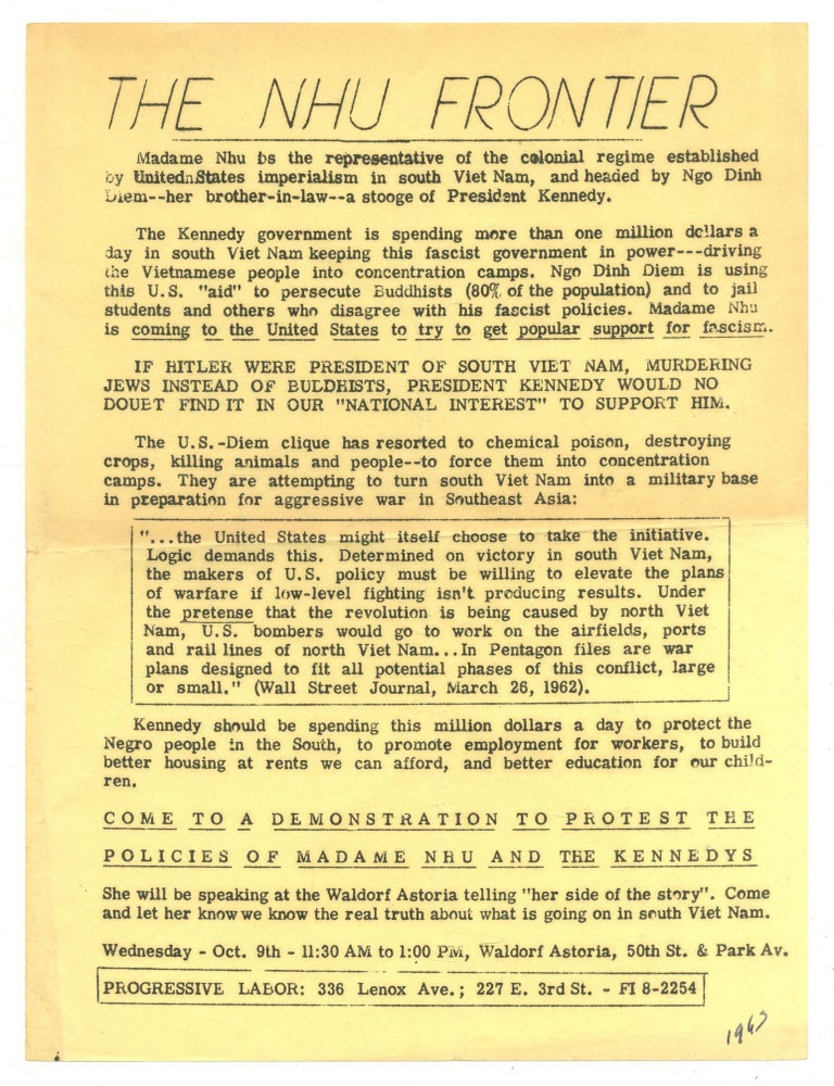 Handbill or Small Broadside, Caption Title]: The Nhu Frontier. Progressive Labor, Movement.