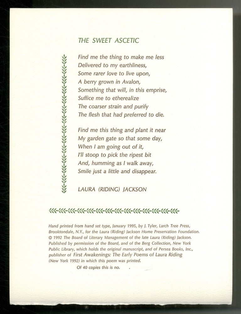 Broadside]: The Sweet Ascetic. Laura JACKSON, Riding.