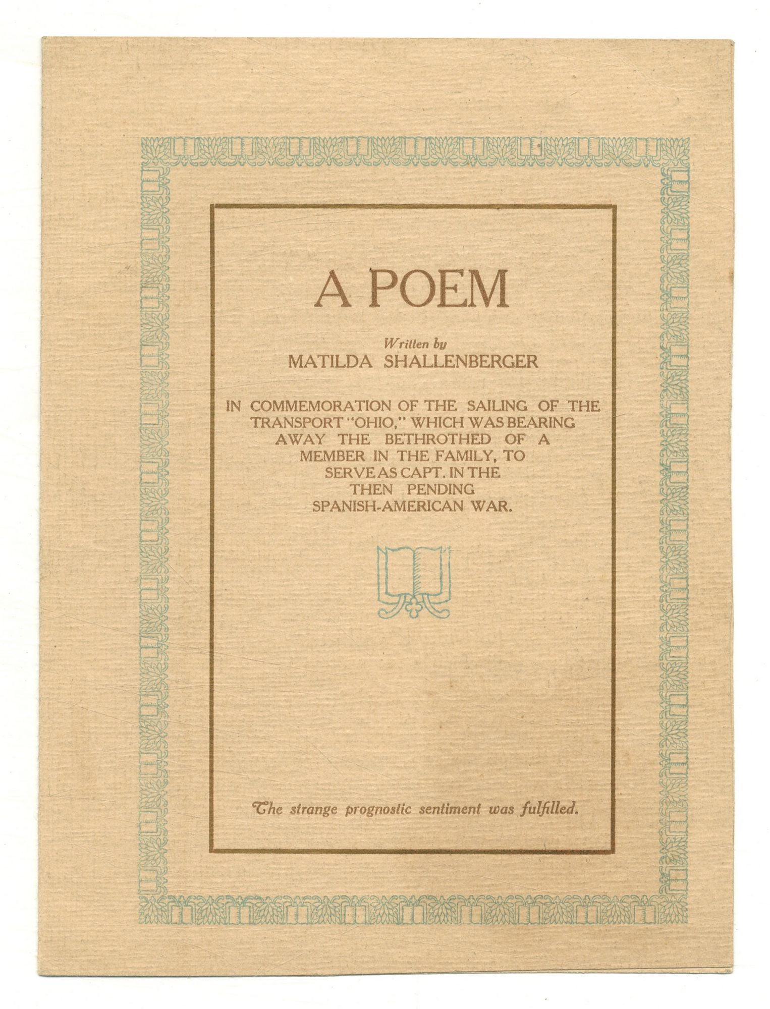 A Poem Written by Matilda Shallenberger in Commemoration of the Sailing ...