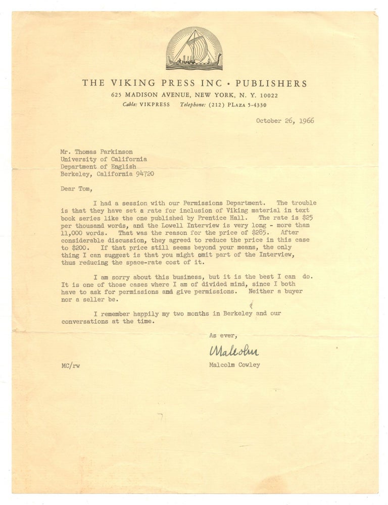 Item #555437 Typed Letter Signed to Thomas Parkinson. Malcolm COWLEY.