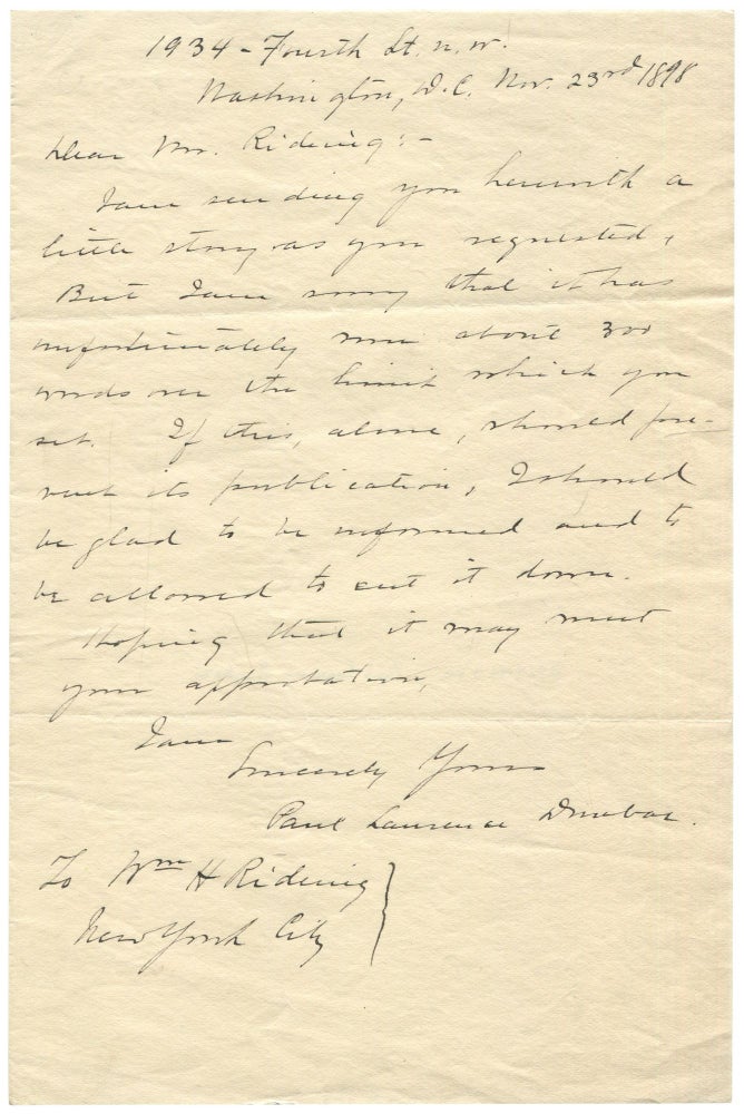 Item #556879 Autograph Letter Signed ("Paul Laurence Dunbar") to editor William Henry Rideing. Paul Laurence DUNBAR.