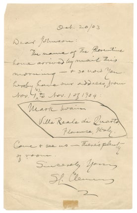 Item #561223 One-page Autograph Letter Signed as both Twain and Clemens. Mark TWAIN, Samuel CLEMENS